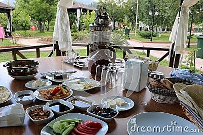 Breakfast. Traditional turkish breakfast. Brunch. Outdoor breakfast. Stock Photo