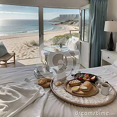 Breakfast tray and magazine on bed overlooking ocean Stock Photo