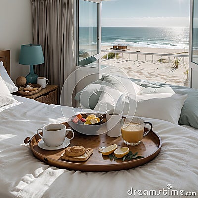 Breakfast tray and magazine on bed overlooking ocean Stock Photo