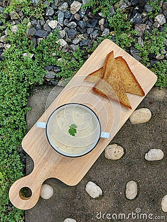Breakfast: Tuna soup with toast Energize the body in the morning after exercise. Stock Photo