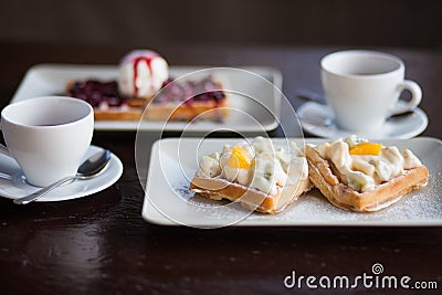 Breakfast for two, waffles and tea. Stock Photo