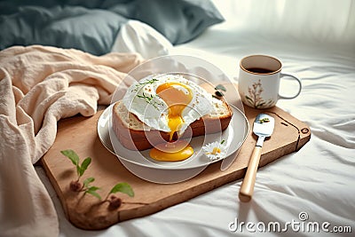 Breakfast on white bed sheets, good morning Stock Photo