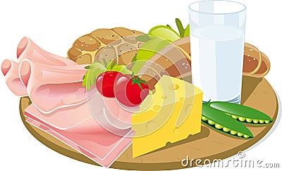 Breakfast on wooden plank Vector Illustration