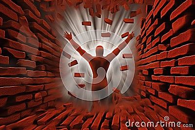 Breaking through boundaries an image of a person jumping through a wall of red bricks arms stretched wide Psychology Stock Photo