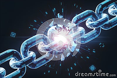 Breaking digital chain surrounded by binary, symbolizing transformation and disruption Stock Photo