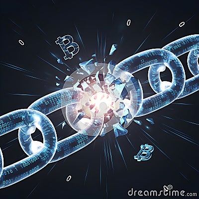 Breaking digital chain surrounded by binary, symbolizing transformation and disruption Stock Photo