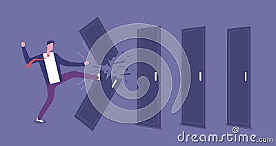 Breaking door. Powerful businessman overcomes barriers, roadblock. Brute force and challenge vector concept Vector Illustration