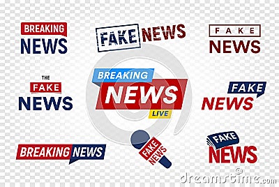 Breaking and fake news logo template on transparent background. Headline TV Stamp. World news vector illustration set. Vector Illustration