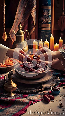Breaking Fast with Dates in a Ramadan Setting, Hands Holding Dates for Iftar Stock Photo