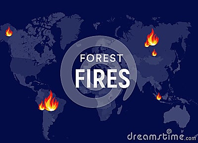 Breaking News bushfires Poster concept. Fires places on world map, forest fires centres. Banner design template for news Vector Illustration