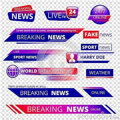 Breaking news. Television channel broadcasting service graphic headpiece banners vector template Vector Illustration