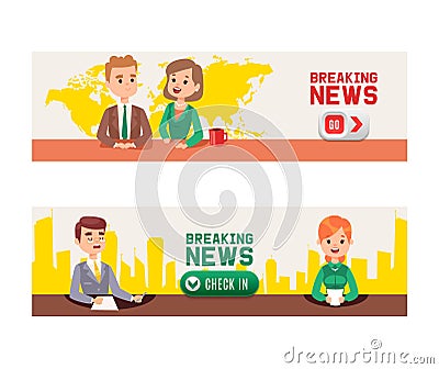 Breaking news on Television set of banners vector illustration. Anchor TV presenters man and woman. News announcers with Vector Illustration