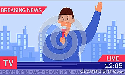 Breaking news TV presenter. Journalist with a microphone conducts a live broadcast and a man press announcer tells the news. Vector Illustration