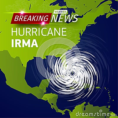 Breaking news TV, realistic Hurricane cyclone vector illustration on USA map, typhoon spiral storm logo on green world Vector Illustration