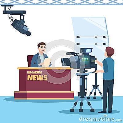 Breaking news tv show studio. Anchorman, cameraman, spotlights and camera vector illustration Vector Illustration