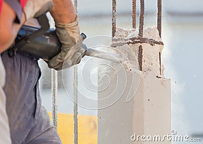Breaking reinforced concrete with jackhammer Stock Photo