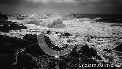 Breaking waves crash against rocky coastline, a dramatic monochrome seascape generated by AI Stock Photo