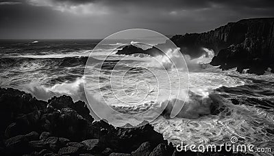 Breaking waves crash against rocky coastline, dramatic monochrome seascape generated by AI Stock Photo