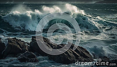 Breaking waves crash on rocky coastline, spraying foam generated by AI Stock Photo