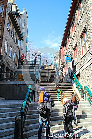Breakneck stairs connecting Quartier Petit-Champlain of lower town to Upper town in Old Quebec city Editorial Stock Photo