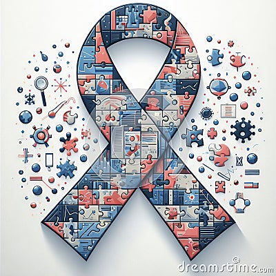 Breakthrough Symphony: Puzzle Ribbon Illustrating Global Collaborative Research Stock Photo