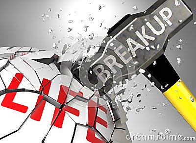 Breakup and destruction of health and life - symbolized by word Breakup and a hammer to show negative aspect of Breakup, 3d Cartoon Illustration