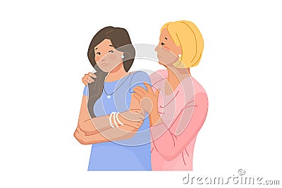 Breakup friends. Empathy person comforting best friend, support mom hug sad comforted child, friendly or parent comfort Vector Illustration