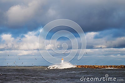 Breakwater in storm. Stock Photo