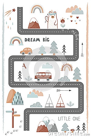 Bream Big, Little One - cute kids poster, mat or tapestry in Scandinavian style. Road, Mountains and Woods Adventure Map Vector Illustration