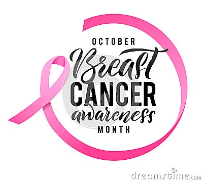 Breast Cancer Awareness Calligraphy Poster Design. Ribbon around letters. Vector Stroke Pink Ribbon. October is Cancer Vector Illustration
