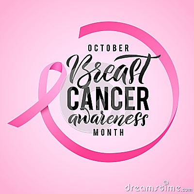 Breast Cancer Awareness Calligraphy Poster Design. Ribbon around letters. Vector Stroke Pink Ribbon. October is Cancer Vector Illustration