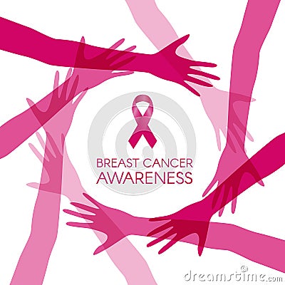 Breast cancer awareness with circle joined women hands and pink ribbon vector illustration Vector Illustration