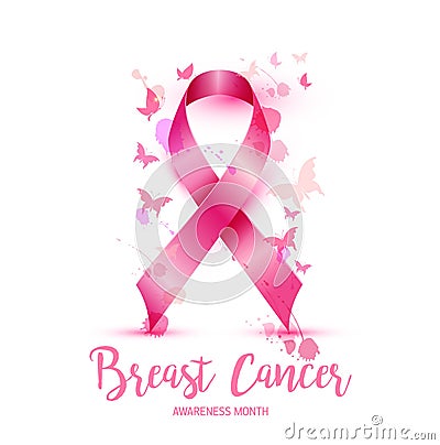 Breast cancer awareness concept illustration pink ribbon symbol, pink watercolor blots with text october. Vector hand Vector Illustration