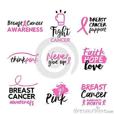 Breast cancer awareness hand drawn text quote set Vector Illustration