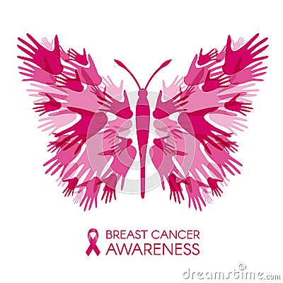 Breast cancer awareness with Hands Butterfly sign and pink ribbon vector illustration Vector Illustration