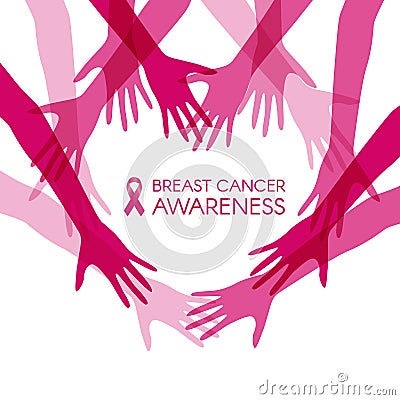 Breast cancer awareness with heart joined women hands and pink ribbon vector illustration Vector Illustration