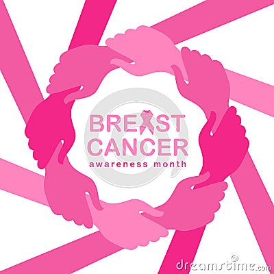 Breast cancer awareness month banner with pink hand hold hand around circle frame and pink ribbon vector illustration design Vector Illustration