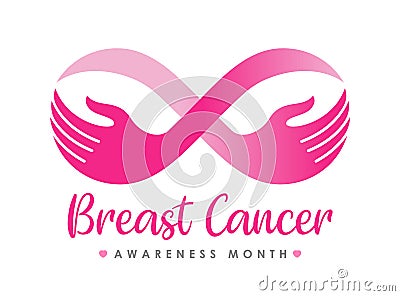 Breast cancer awareness month banner with pink infinity hand hold breast sign vector design Vector Illustration
