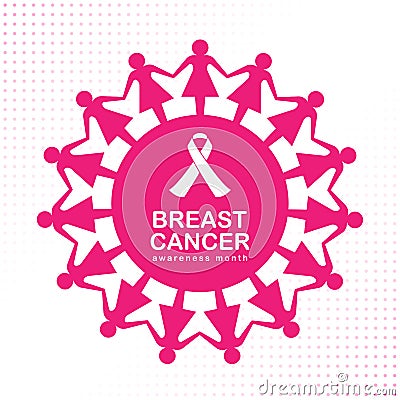 Breast cancer Awareness month banner with ribbon sign in pink woman hold hand around circle sign abstract circle frame vector desi Vector Illustration