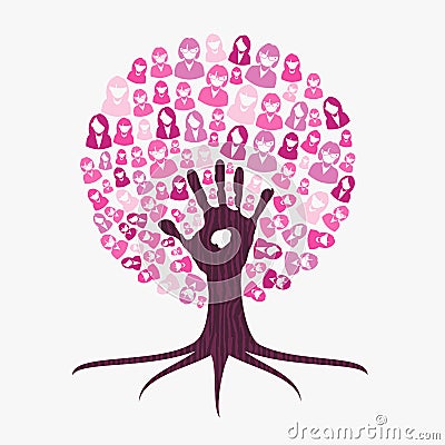 Breast cancer awareness month pink help hand tree Vector Illustration