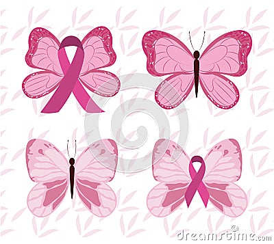 Breast cancer awareness month different butterflies with ribbon pink background Vector Illustration