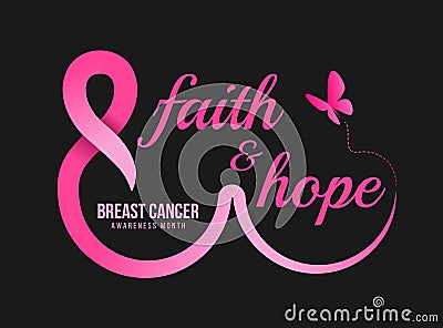 Breast cancer awareness month - faith and hope text in pink ribbon roll made breast and butterfly on black background Vector Illustration