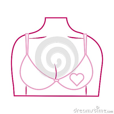 Breast cancer awareness month, female chest bra and heart, healthcare concept line icon Vector Illustration