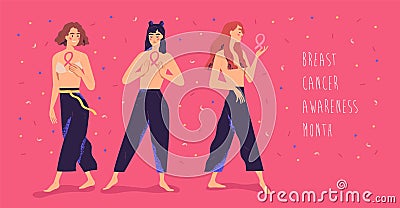 Breast cancer awareness month flat banner template. Young ladies with pink ribbons cartoon characters. Mammary cancer Vector Illustration