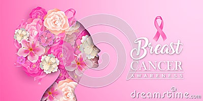 Breast cancer awareness card papercut flower woman Vector Illustration