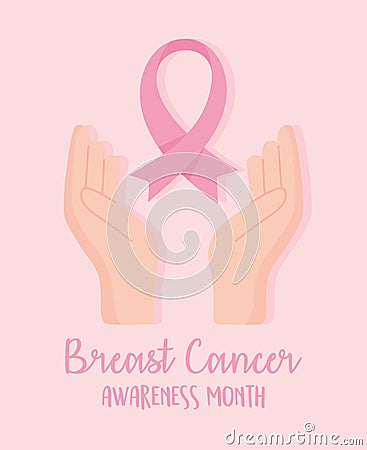 Breast cancer awareness month hands ribbon vector design Vector Illustration