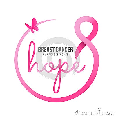 Breast cancer awareness month - hope text in pink ribbon circle frame and butterfly banner vector design Vector Illustration