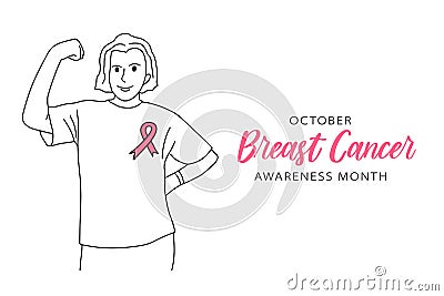 Breast Cancer Awareness Month October banner with copy space. Happy confident woman showing muscle, pink ribbon badge Vector Illustration