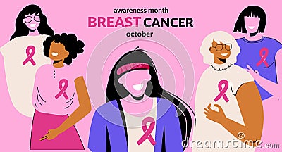 Breast Cancer Awareness Month October web banner with diverse ethnic and different ages women group with pink support Vector Illustration