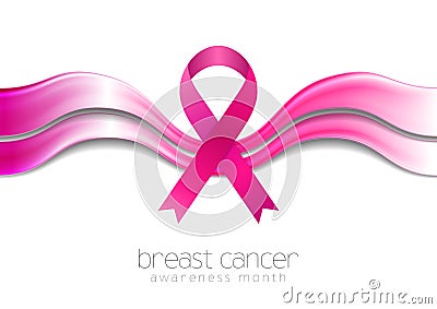 Breast cancer awareness month. Smooth silk waves and ribbon tape design Vector Illustration